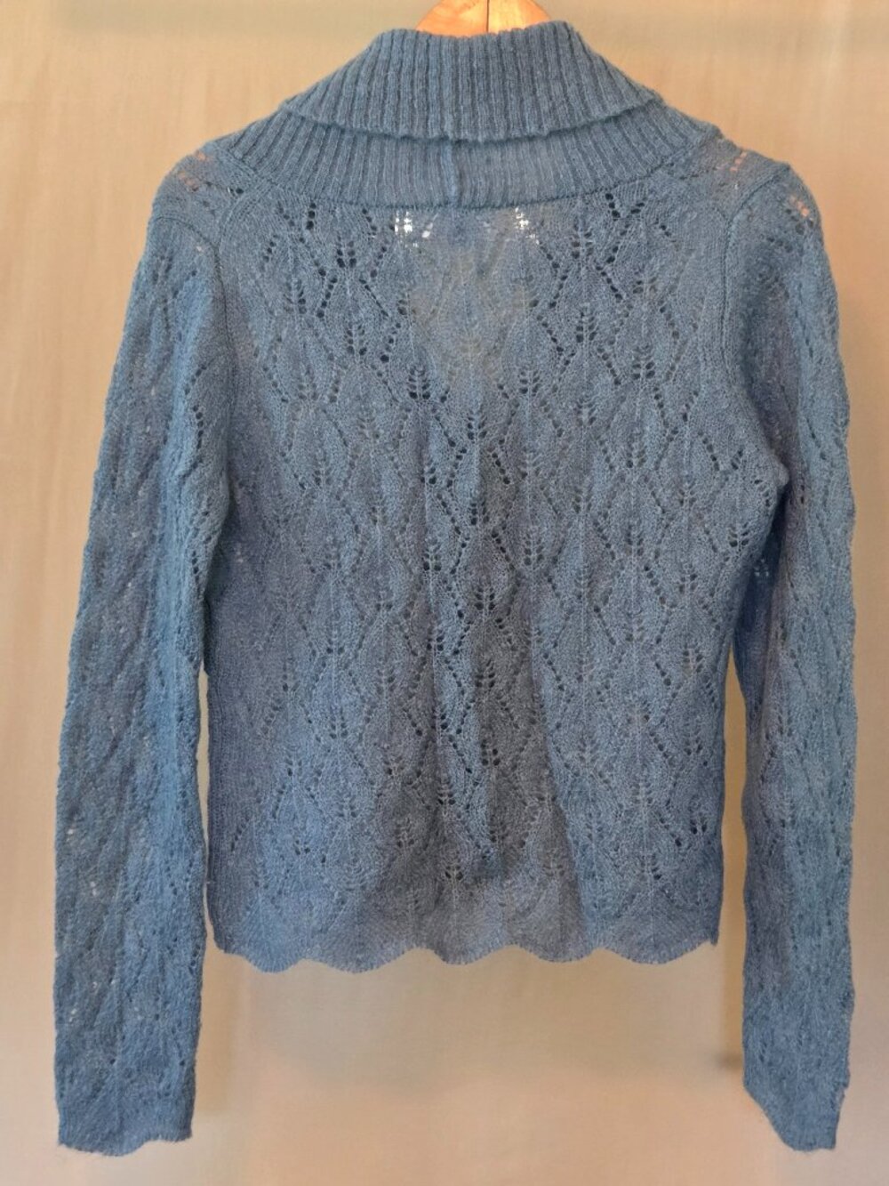 LOFT Dusty Blue Open Lace Knit Mohair Cardigan w Ribbed Shawl Style Collar M - Picture 2 of 16